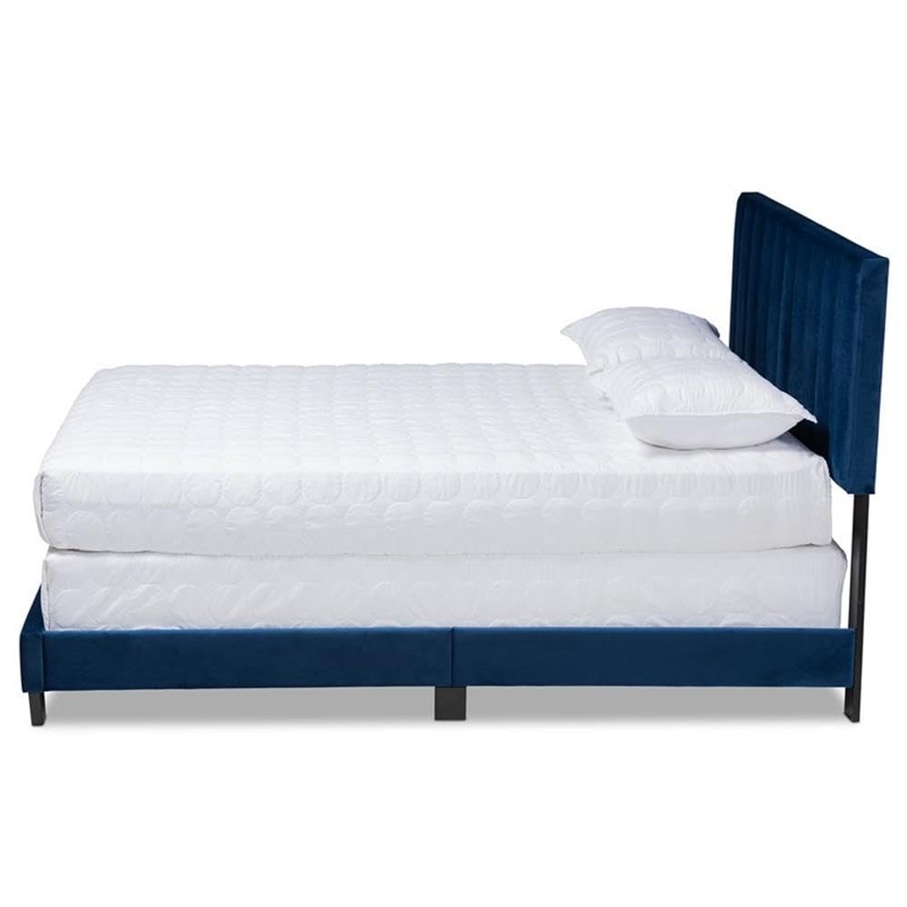 Baxton Studio Clare King Size Navy Blue Velvet Panel Bed with Tufted Headboard